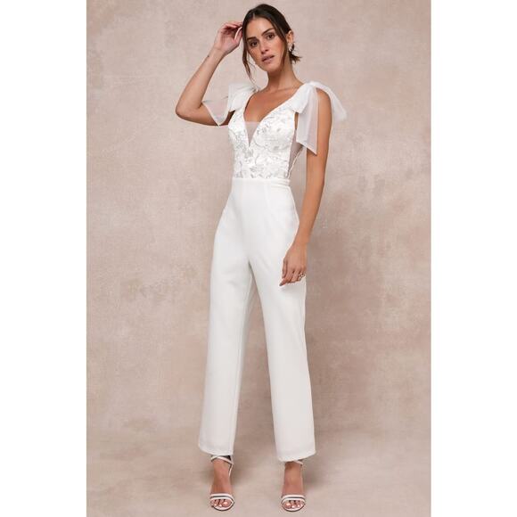 Lulus NWT Dignified Beauty White Mesh Embroidered Tie-Strap Jumpsuit Small - Picture 1 of 12